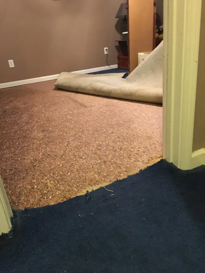 Carpet pad removal revealing water damage during Water Mitigation Services in Riviera Beach